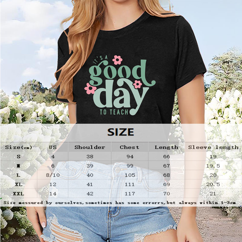 Women's Short Sleeve Round Neck T-Shirt With 'Good Day' Text & Floral Print, Casual Summer Top