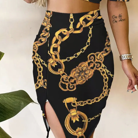 Women's Chain Low Neck Open Belly Half Skirt Set