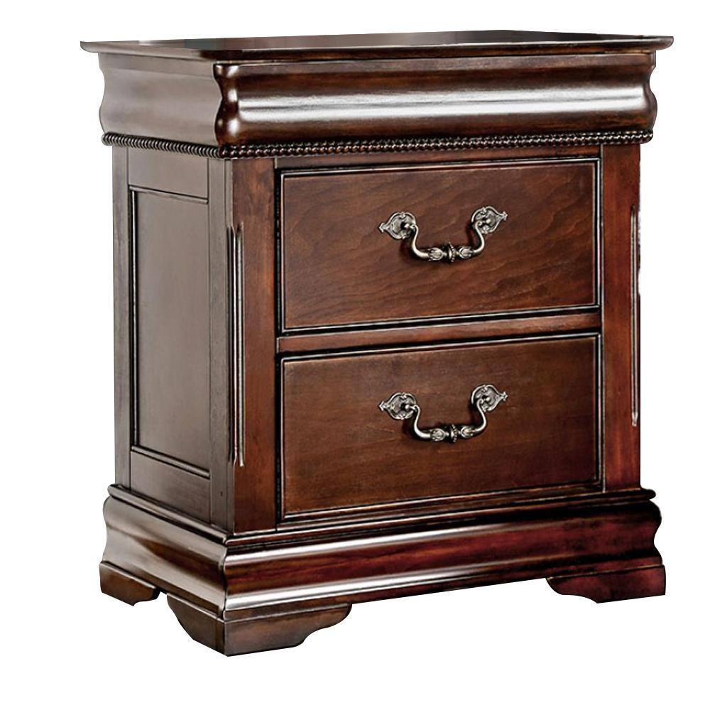 Traditional Style Cherry 1pc Nightstand Only Solid Wood 2-Drawers Hidden Top Drawer Intricate Accents Bedside Table Bedroom