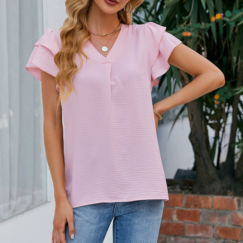 Womens Dressy Tops V Neck Flowy Ruffle Short Sleeve Shirts Elegant Business Outfits
