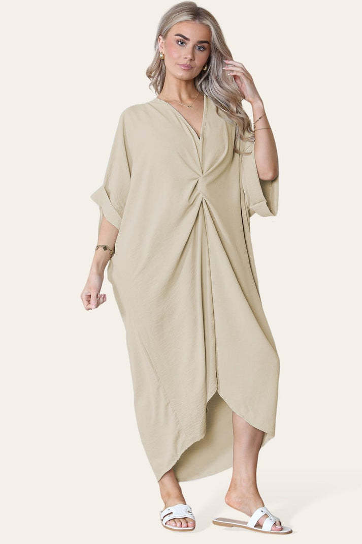 Womens V-Neck Tie Knotted Twisted Front Oversized Longline Midi Dress