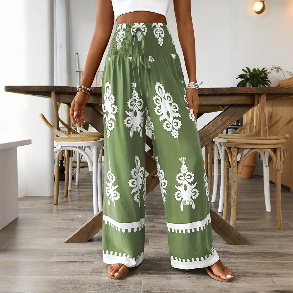 Elegant Women's High-Waisted Wide-Leg Pants With White Geometric Print Fashionable & Casual Summer Trousers
