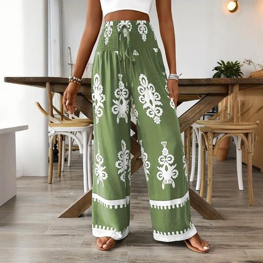 Elegant Women's High-Waisted Wide-Leg Pants With White Geometric Print Fashionable & Casual Summer Trousers