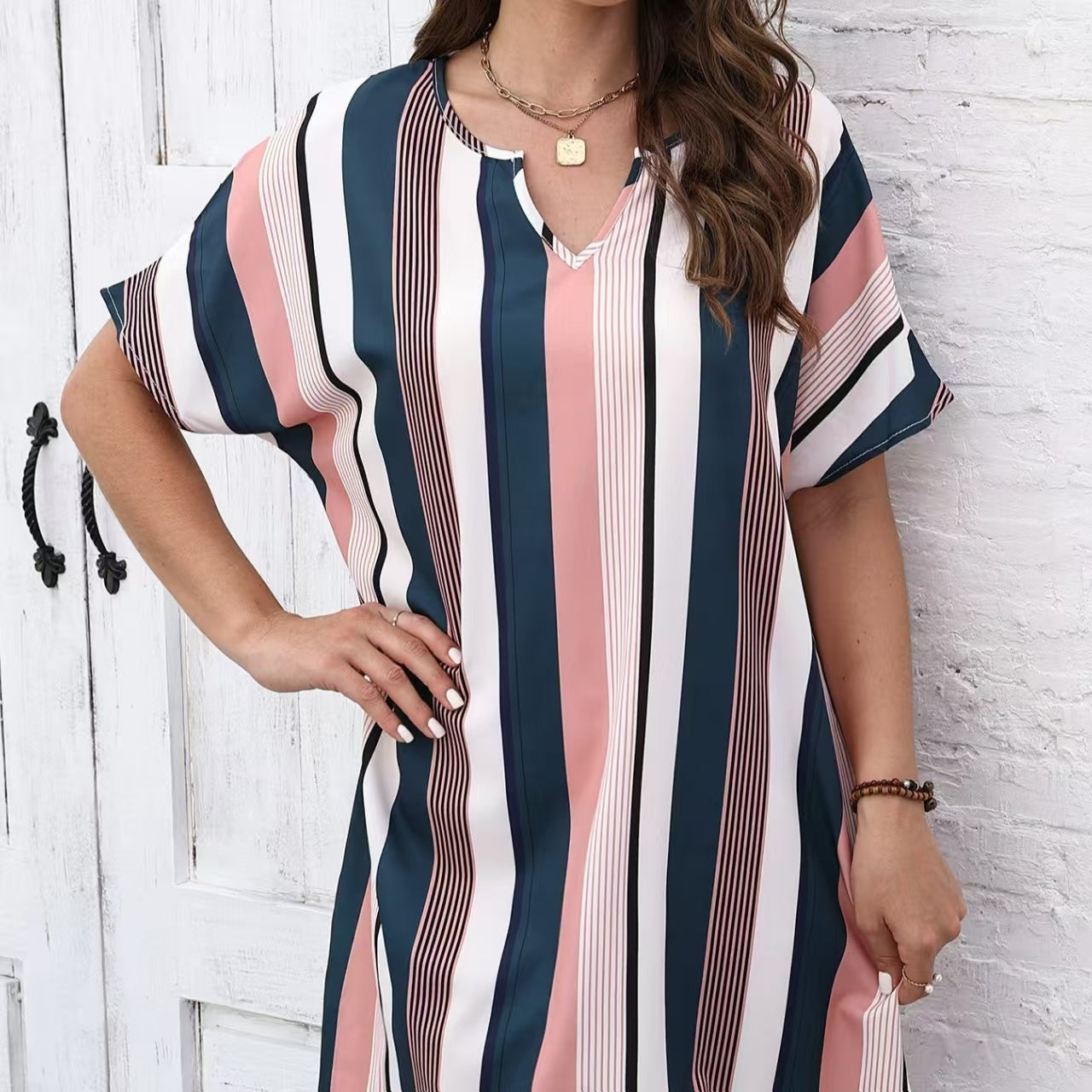 Ladies' Contrasting Striped Print Notch V-neck Short Casual Loose Dress