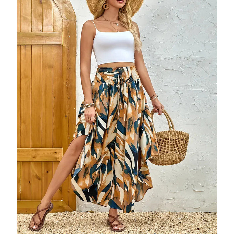 Women's High Elastic Waist Midi Skirt Casual Summer Trendy Tie Front Flowy Floral Print Beach Long Skirt