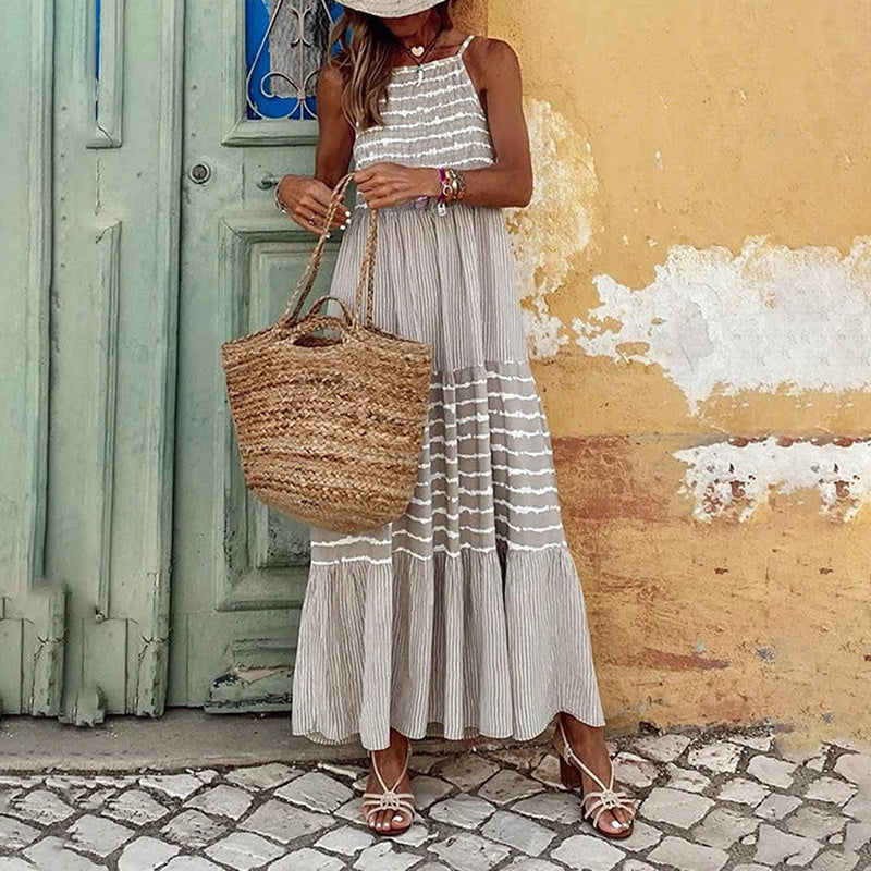 Women's Halter Neck Sleeveless Dress Casual Loose Striped Summer Vacation Long Maxi Dresses