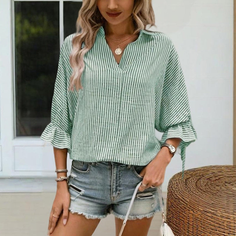Women's V-Neck Striped Short Sleeve Blouse With Ruffled Cuff Tie & Back Slit Design Fashionable Spring&Summer Top