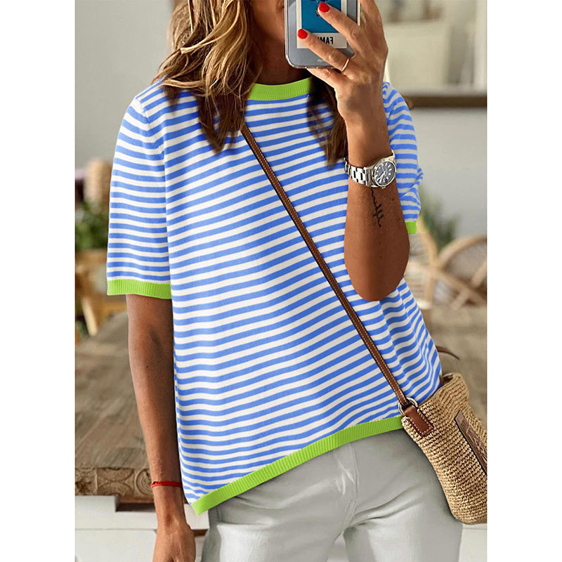 Womens Tops Casual Summer Crewneck Short Sleeve Striped Color Block Trendy Pullover Sweaters