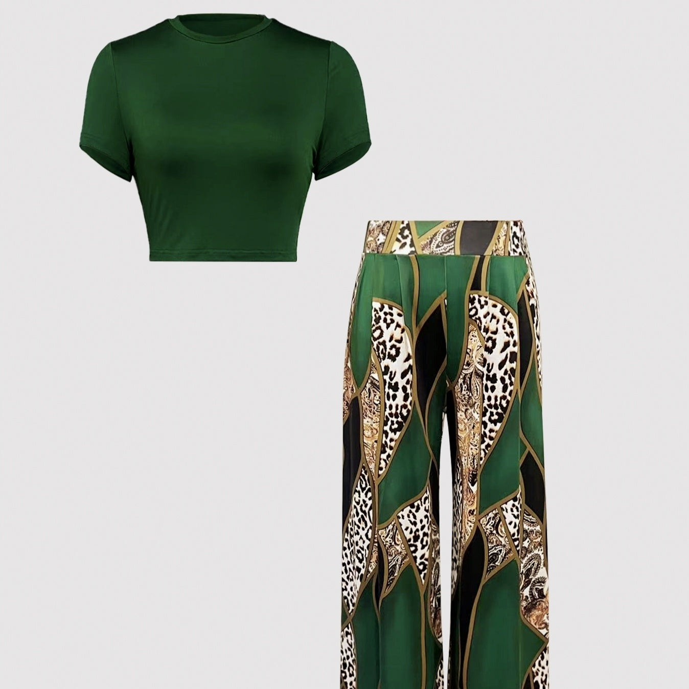 Ladies' Summer Round Neck Petal Sleeve Vest And Pants Two-piece Set Leopard Print Shirt Set