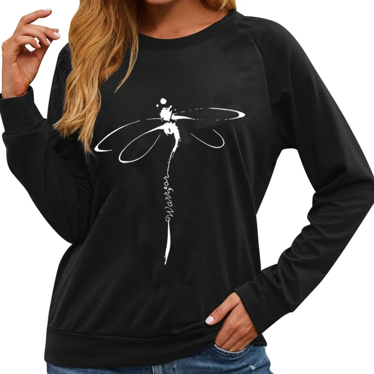 Ladies' Round Neck Printed Dragonfly Fashionable Casual Hoodie Top