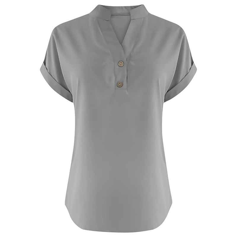 Women's Solid Color V-Neck Short Sleeve Blouse Button Detail, Summer Casual & Work T-Shirt