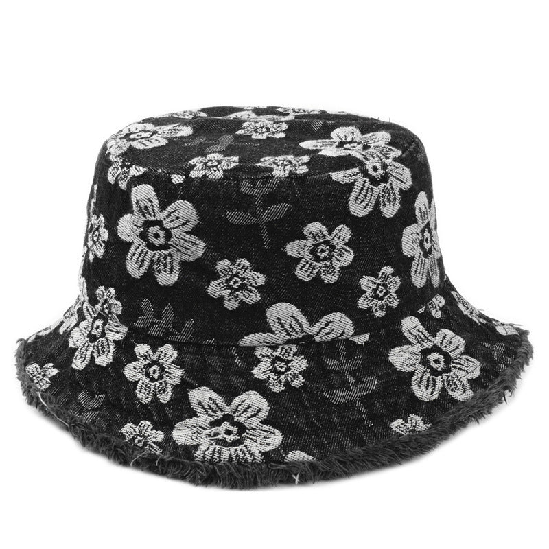 Flower Embroidered Denim Bucket Hat Korean Washed-out Distressed