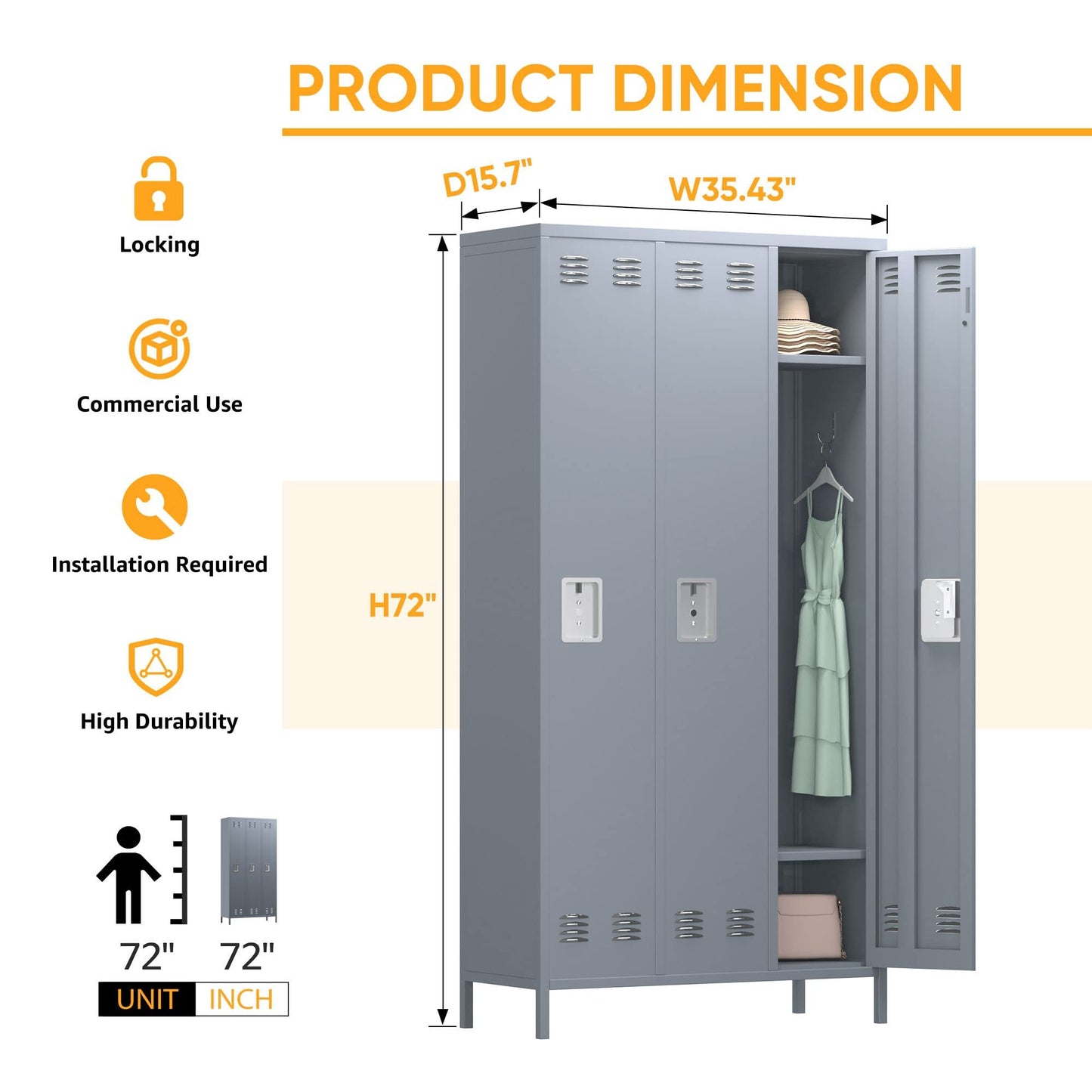 Metal Storage Locker For Employees, 72 Employee Locker With 3 Doors&9Hooks For School Gyms Homes Garages Offices Study With Assembly Required, Light Gray