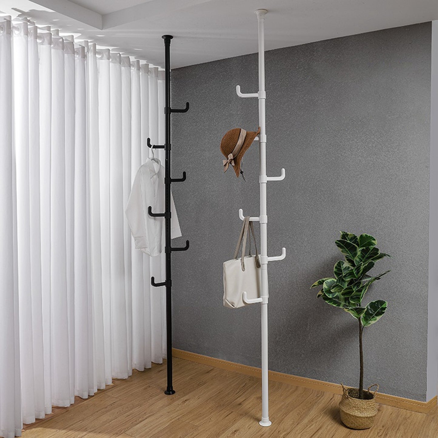 Extra Long Clothes Hanger With The Top Relying On The Ceiling And Nuclear Floor, Coat Rack Freestanding With 6 Hooks
