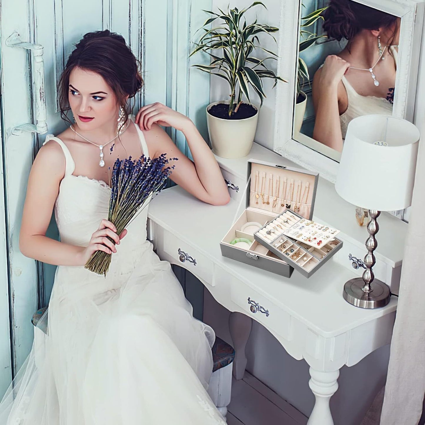 2 Layer Grey Jewellery Box Organizer Rings Necklaces Jewellry Storage Case Box