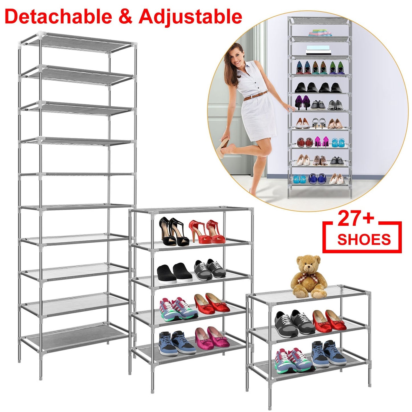 10 Tiers Shoes Rack Shelves 27 Pairs Shoes Storage Organizer Stand Non-Woven Fabric Detachable Shoes Tower Stackable Shoes Storage Rack For Entryway