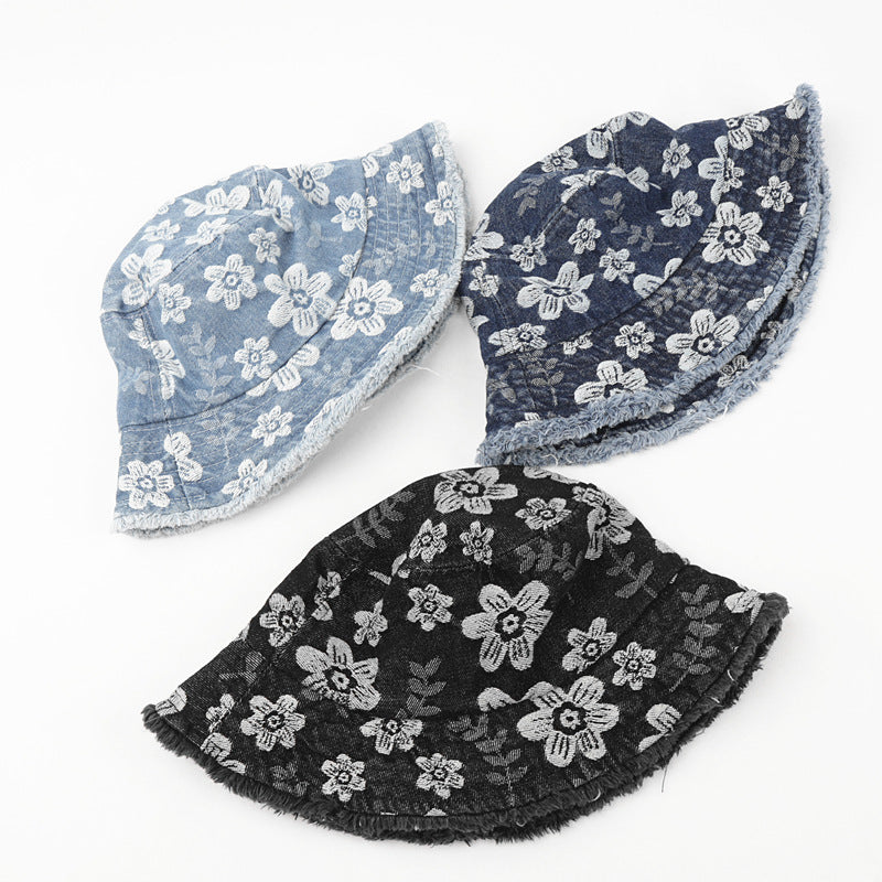 Flower Embroidered Denim Bucket Hat Korean Washed-out Distressed