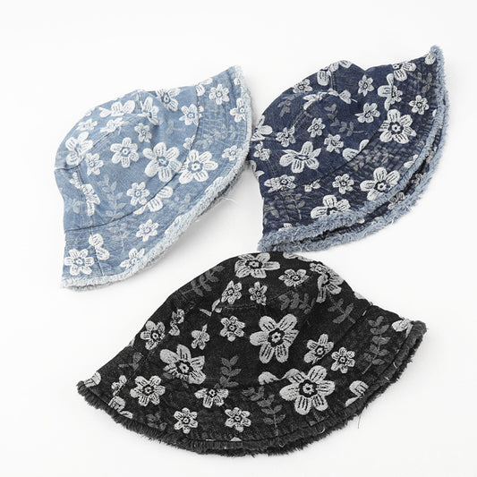 Flower Embroidered Denim Bucket Hat Korean Washed-out Distressed