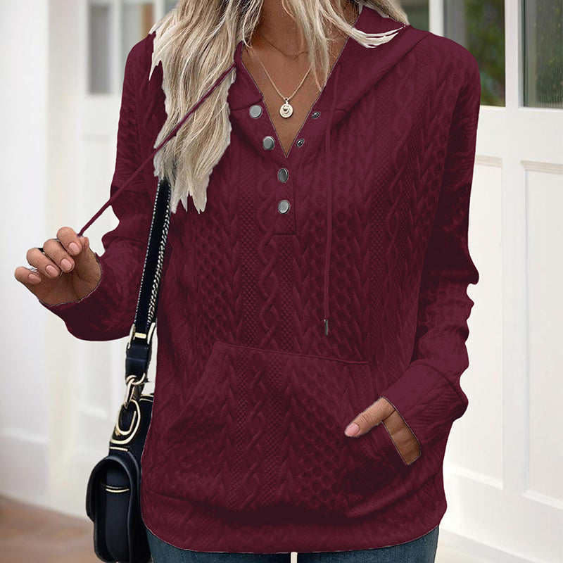 Women's V-Neck Solid Textured Long Sleeve Hoodie With Button Front & Kangaroo Pocket - Drawstring Hood Casual Pullover