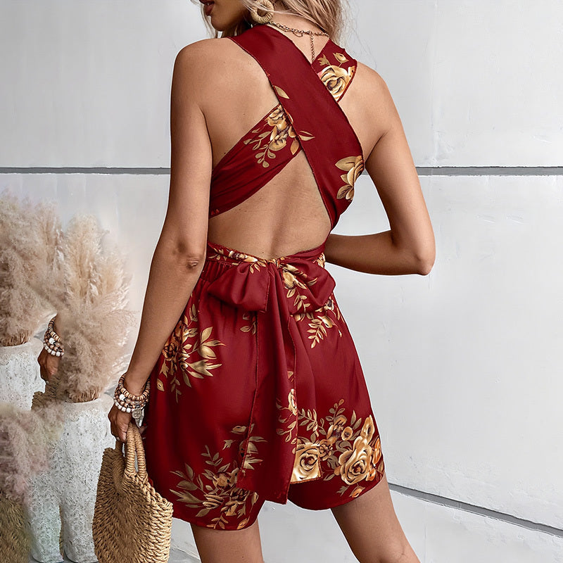 Women's Floral Print Deep V Neck Tie Back Sleeveless Romper Short Jumpsuit