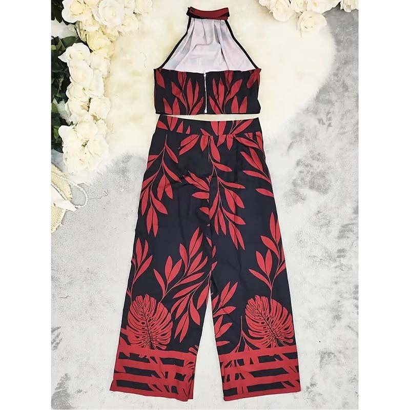 Women's 2 Piece Outfits Plants Graphic Print Crop Halter Top And Wide Leg Pants Set