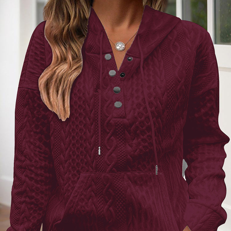 Women's V-Neck Solid Textured Long Sleeve Hoodie With Button Front & Kangaroo Pocket - Drawstring Hood Casual Pullover