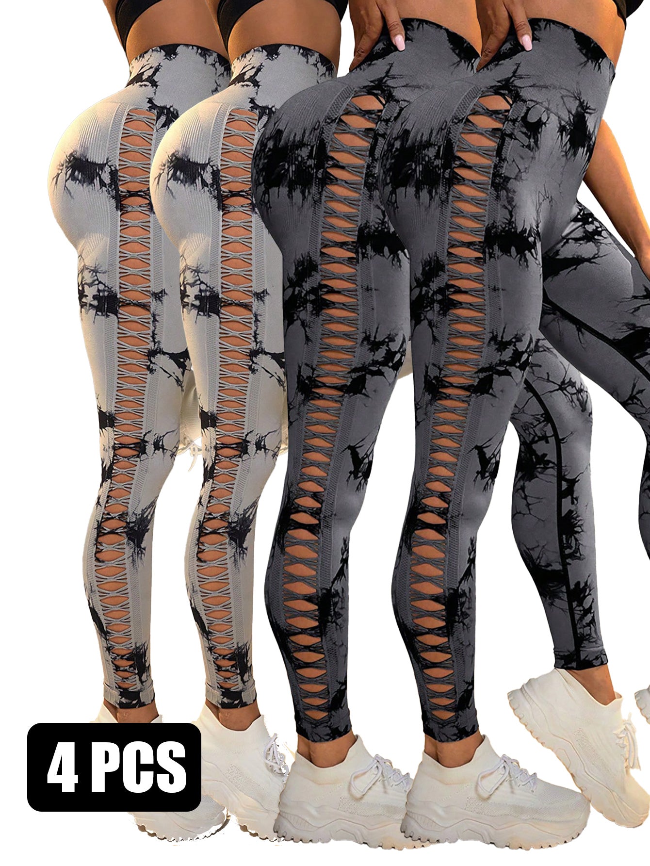 4PCS Tie-dye Cut-out Leggings Sports Leggings