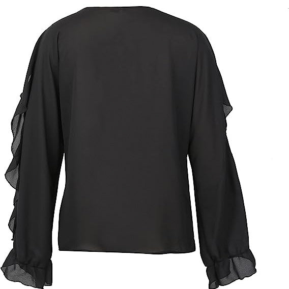 Women's Summer Top Long Sleeved Fashionable Floral Ruffle V-neck Shirt Button Casual T-shirt