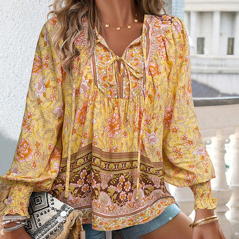 Wpmens Boho Chic Long Sleeve Blouse Floral Print V-Neck Top With Lace-Up & Drawstring Detail Elegant Vacation Shirt