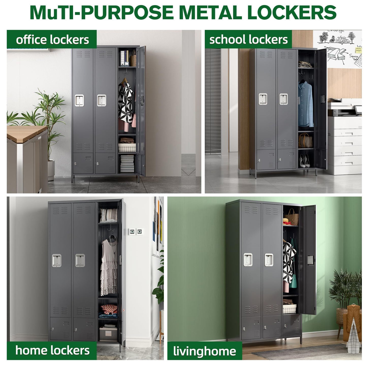Metal Storage Locker With 3 Big Doors & 3 Small Doors, Lockers For Employees With Hooks For School Garage Office Gym Bedroom,Assembly Required,Dark Grey