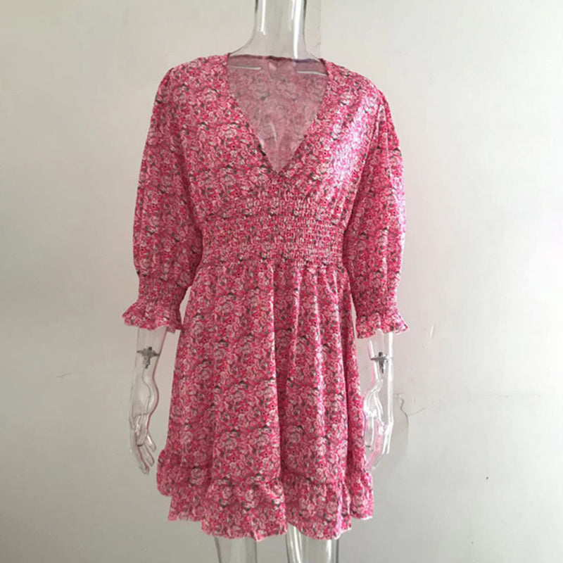 Womens Boho Floral Deep V Neck Smocked Elastic Waist Casual A-Line Swing Mini Dress Sundress
