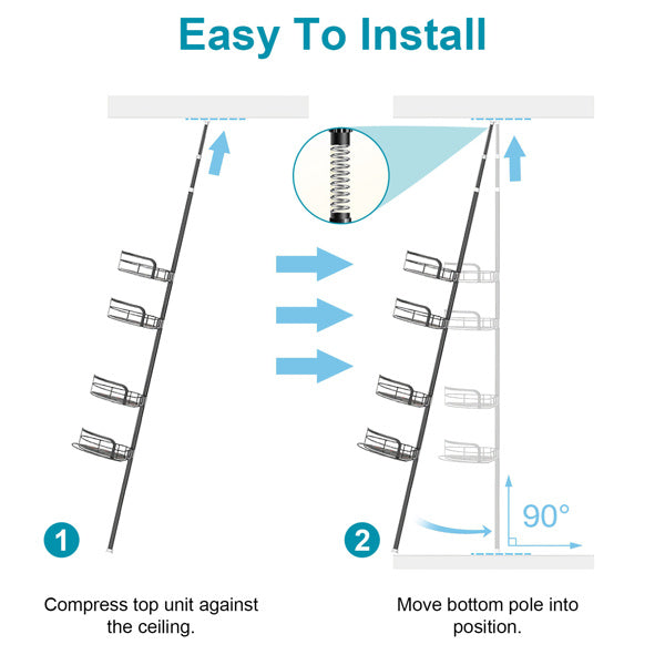 Corner Shower Caddy Tension Pole, Quick Setup, Rust-Free Bathroom Shower Organizer Corner For Bathtub Shampoo Storage, 4-Tier Adjustable Shelf, Drill Free, Fits 8.66 To 116 Inch Height, Black