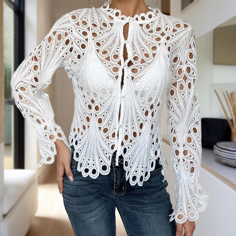 Women's Sexy Lace Hollow Out Blouse - Round Neck Button Front Long Flared Sleeve Top