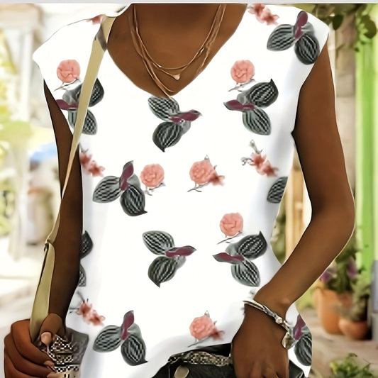 Women's V-neck Printed Loose Fit Comfortable T-shirt Top