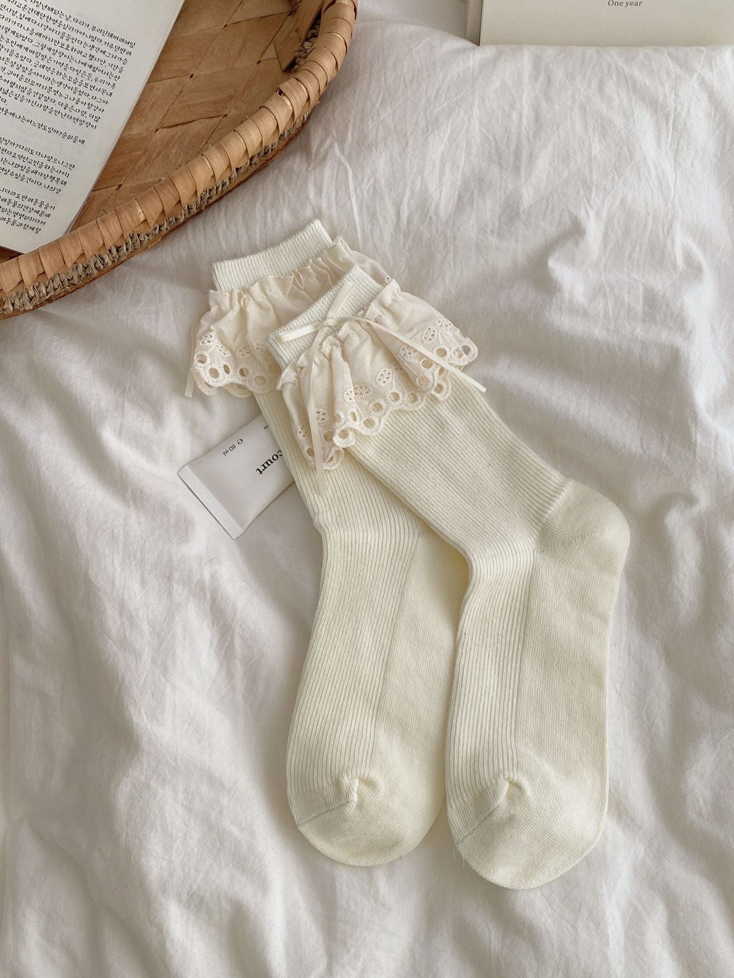 Ins Ballet Style Blogger Same Style Tube Socks Hollow Cherry Lace Bow Socks Japanese JK Girl Bunching Socks