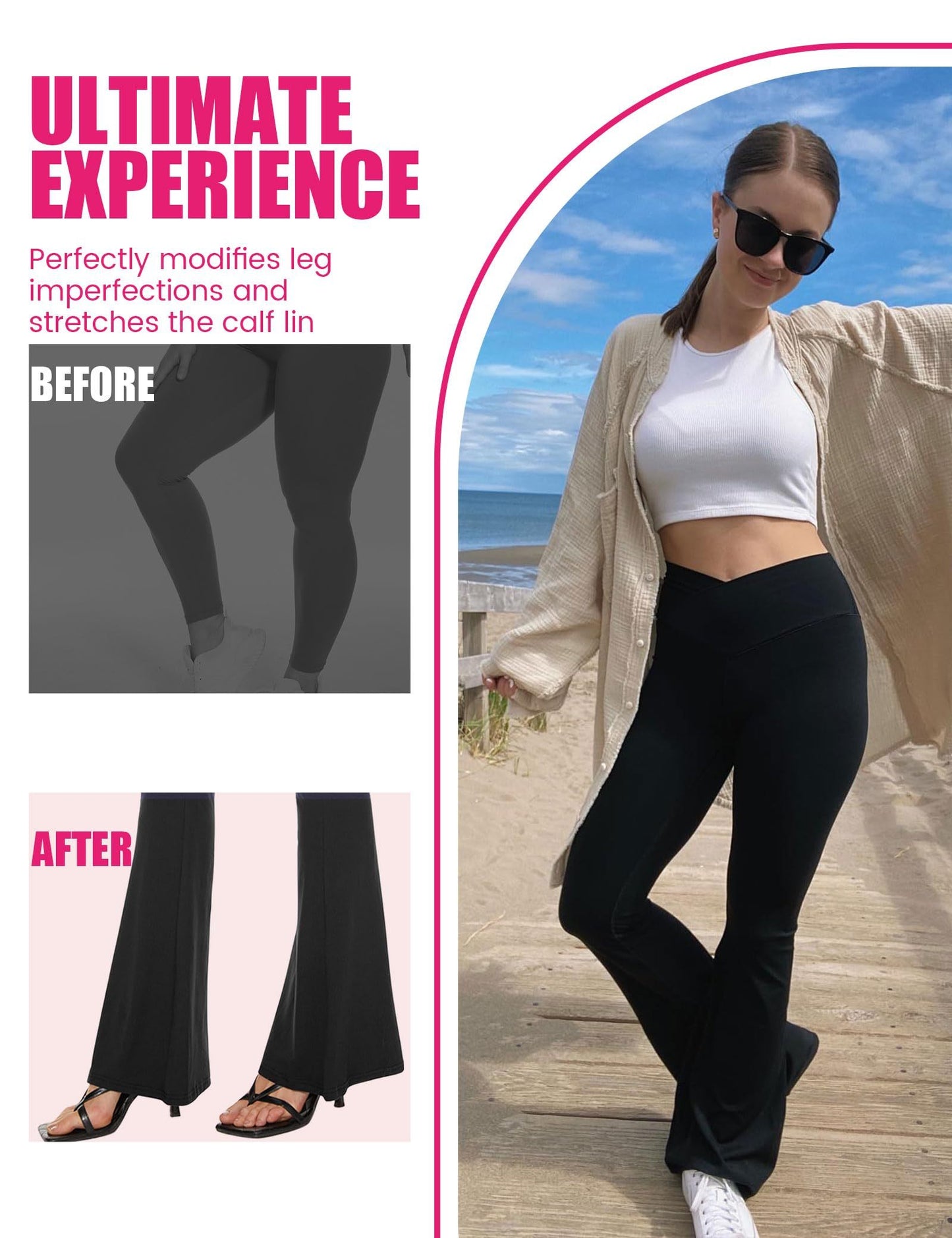 Flared Pants - Cropped Cross Waist Pocket Polyester Double Mill Two Black 2PCS