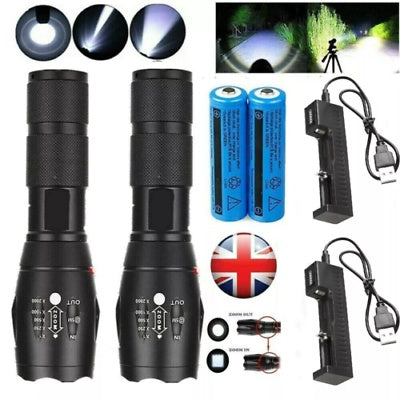 2PCS 1200000LM USB Rechargeable LED Flashlight Super Bright Torch Tactical Lamp