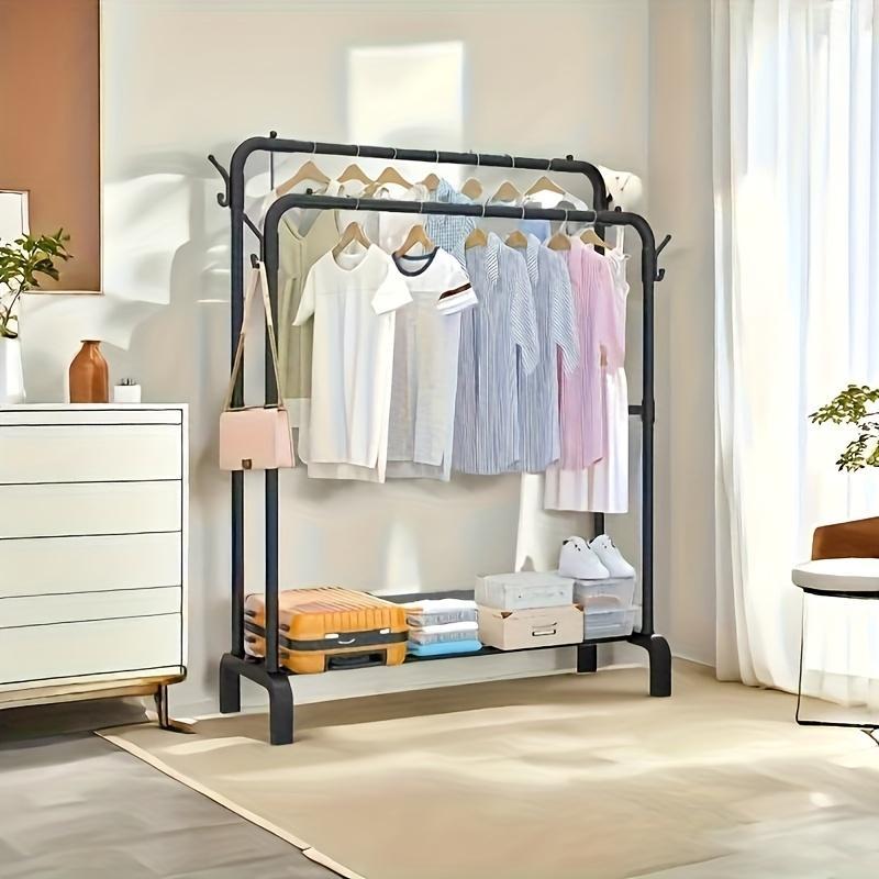 Multifunctional Double Pole Clothes Drying Rack, Double Row Metal Material, Portable Black And White Iron Art, Wardrobe Organization, Retail Display, Suitable For Bedside