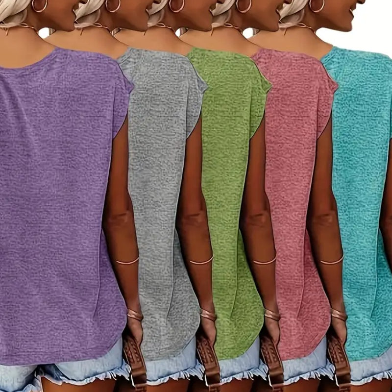 Women's 5-Pack V-Neck Solid Color Short Sleeve T-Shirts - Basic Casual Summer Tees