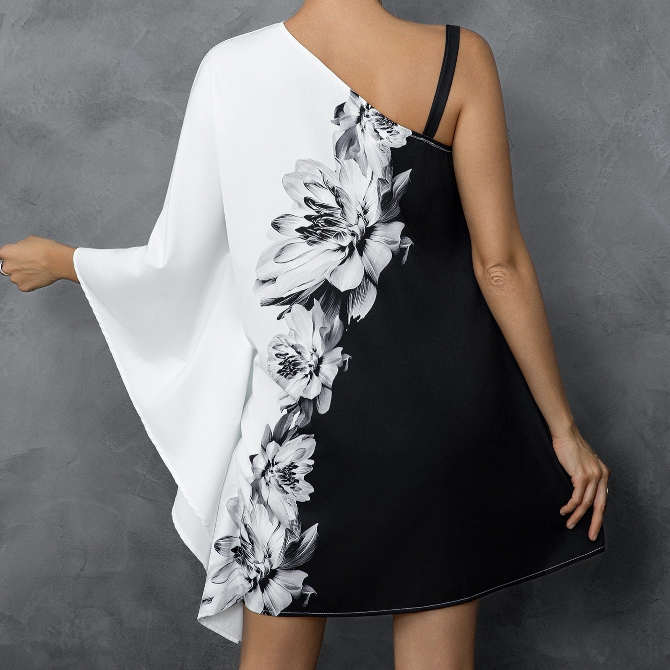 Women's New Floral Print Single Shoulder Off Shoulder Irregular Sleeves Loose Fitting Dress