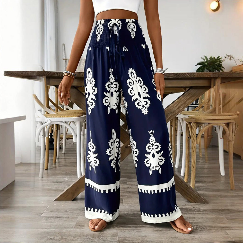 Elegant Women's High-Waisted Wide-Leg Pants With White Geometric Print Fashionable & Casual Summer Trousers