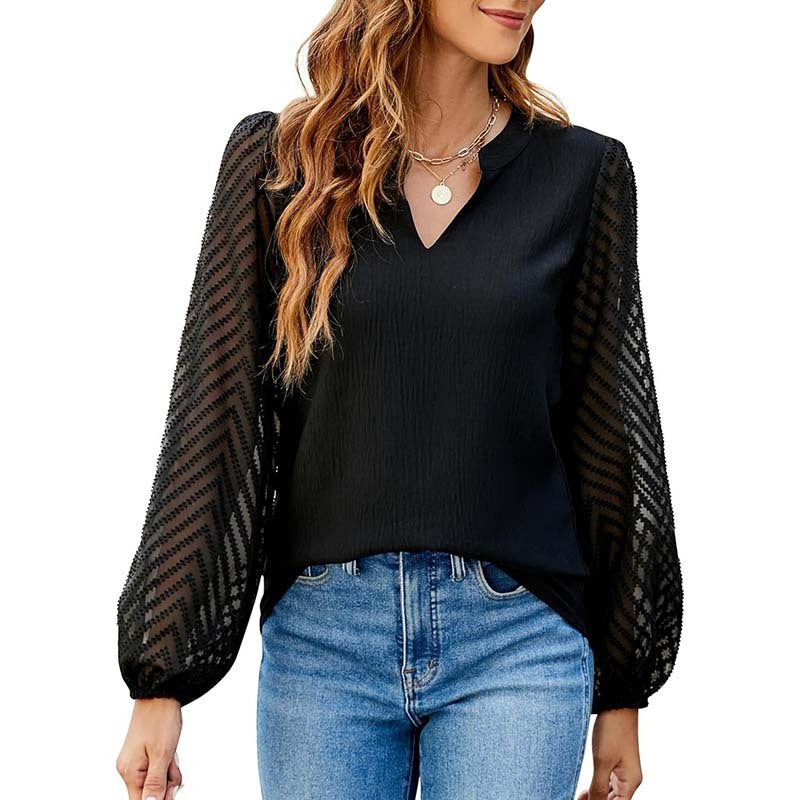 Womens Casual Lace Long Sleeve Chiffon Shirts Dressy Casual V Neck Blouses Business Work Tops