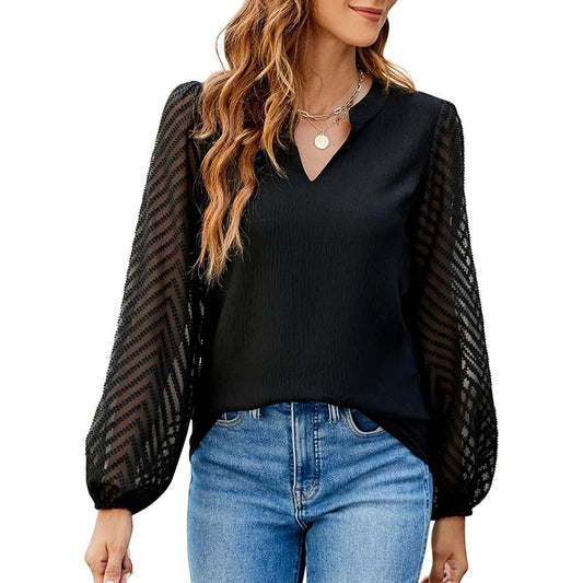 Womens Casual Lace Long Sleeve Chiffon Shirts Dressy Casual V Neck Blouses Business Work Tops