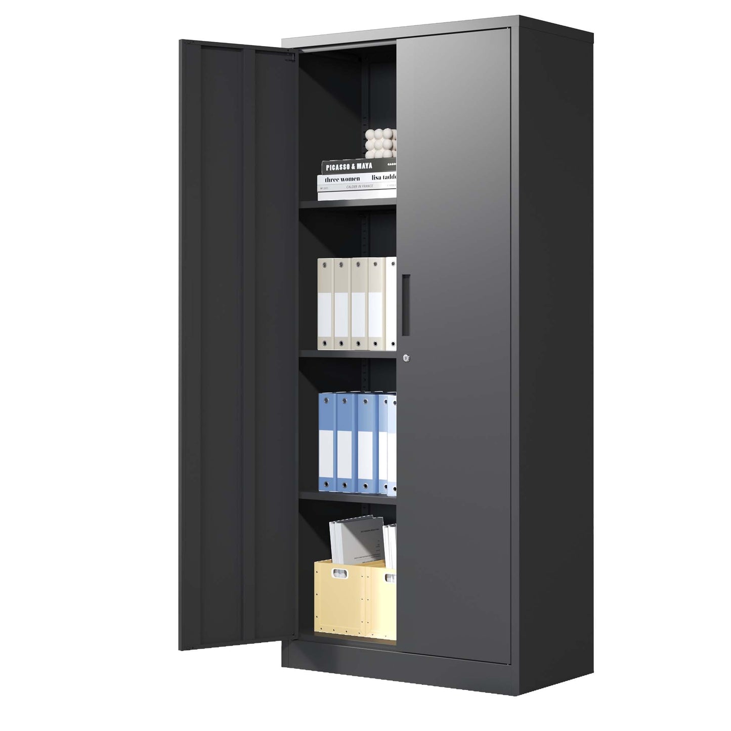 Metal Garage Storage Cabinet, Black Tool Steel Locking Cabinet With Doors And 3 Shelves, Tall Cabinets For Garage Storage Systems Lockable File Cabinet For Home Office, Classroom Pantry