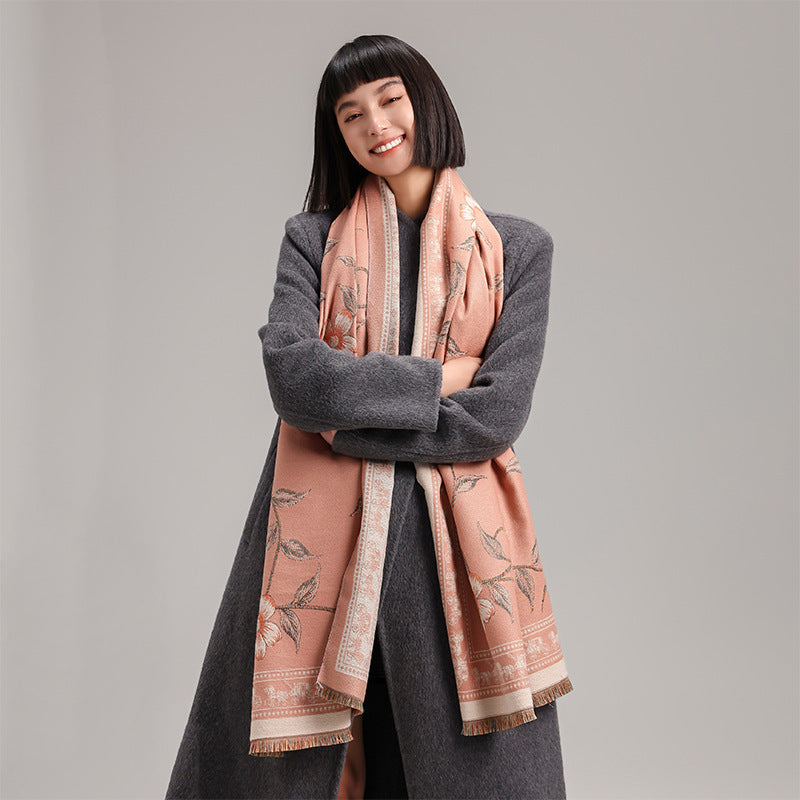 Retro National Style Texture Printed Double-sided Thermal Scarf Shawl Outer Match