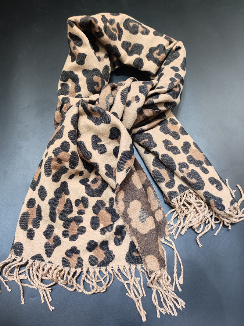 Double-sided Leopard Print Scarf With Thick Tassels  Cashmere To Keep Warm