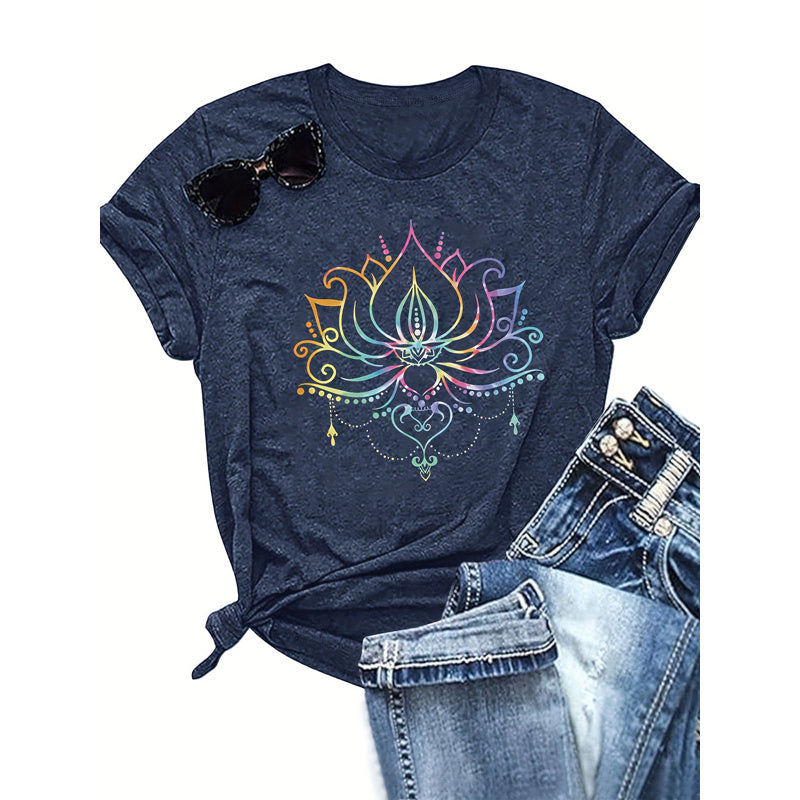 Women's Round Neck Short Sleeve T-Shirt With Colorful Lotus Print, Casual Summer Top