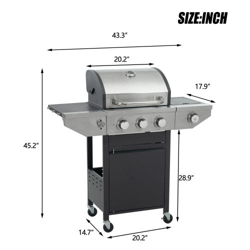 Propane Grill 3 Burner Barbecue Grill Stainless Steel Gas Grill With Side Burner, 37,000 BTU Outdoor Cooking, Patio, Garden Barbecue Grill, Black And Silver