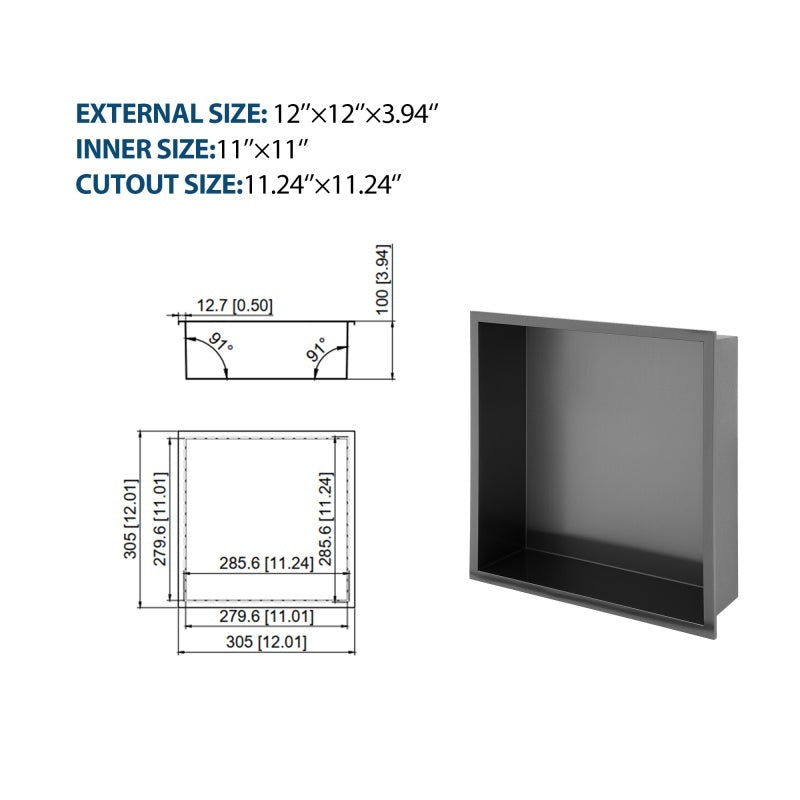 12 X 12 In  Stainless Steel Shower Niche - Gunmetal Black, Waterproof, Easy Installation, Corrosion-Resistant