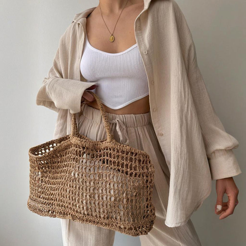 Women's Solid Color Lapel Collar Long Sleeve Shirt & High-Waist Pants Set - Casual Loose Fit Spring&Summer Outfit